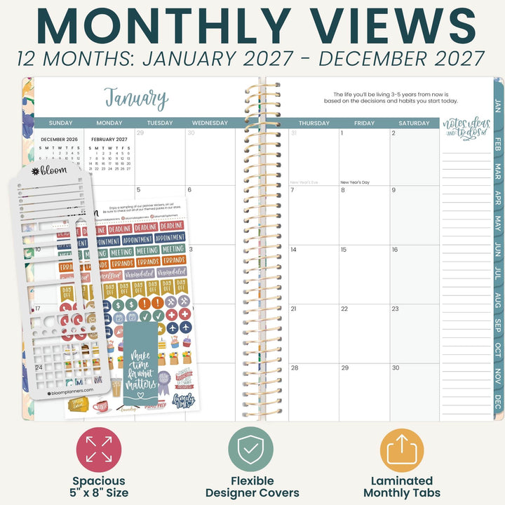A planner product mockup showing a spiral-bound monthly calendar page with a January view, decorative planner stickers, and feature callouts reading 'MONTHLY VIEWS 12 MONTHS: JANUARY 2027 - DECEMBER 2027' plus 'Spacious 5" x 8" Size', 'Flexible Designer Covers', and 'Laminated Monthly Tabs'.