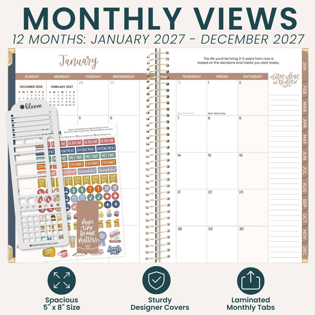 A planner product mockup showing a spiral-bound monthly calendar page with planner inserts and sticker sheets beside it. Large text at the top reads 'MONTHLY VIEWS' and '12 MONTHS: JANUARY 2027 - DECEMBER 2027,' with feature icons and text at the bottom about spacious 5 x 8 size, sturdy designer covers, and laminated monthly tabs.