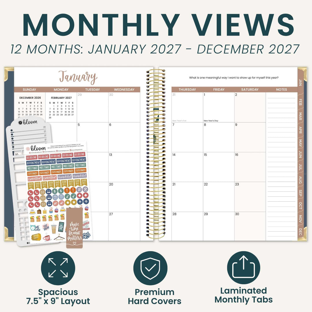 A blank monthly spread of January in an open planner. There is a sticker sheet, magnetic bookmark and stencil in the left corner. 