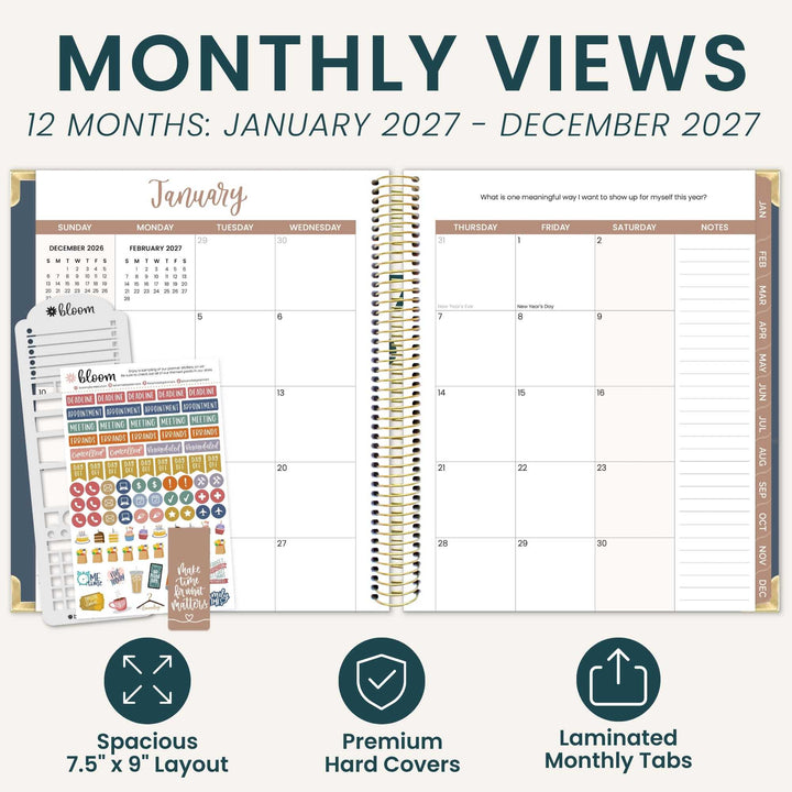 A blank monthly spread of January in an open planner. There is a sticker sheet, magnetic bookmark and stencil in the left corner. 
