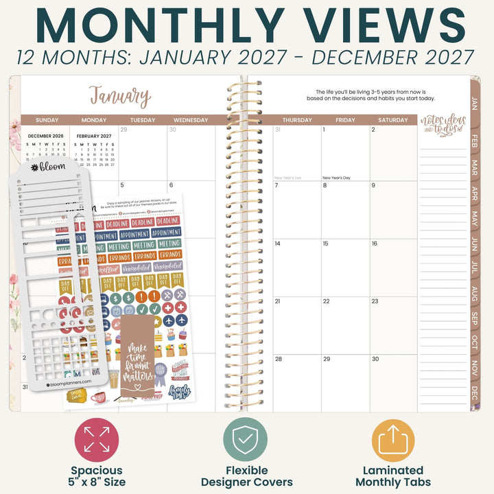 A monthly planner spread showing a January 2027 planner page with spiral binding, sticker sheets, and decorative covers on a light beige background. Large text at the top reads 'MONTHLY VIEWS 12 MONTHS: JANUARY 2027 - DECEMBER 2027' with feature icons below.