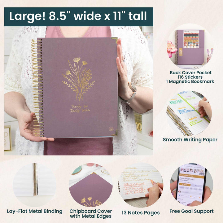 Purple notebook with floral design held by a person, showing features like back cover pocket and smooth writing paper.