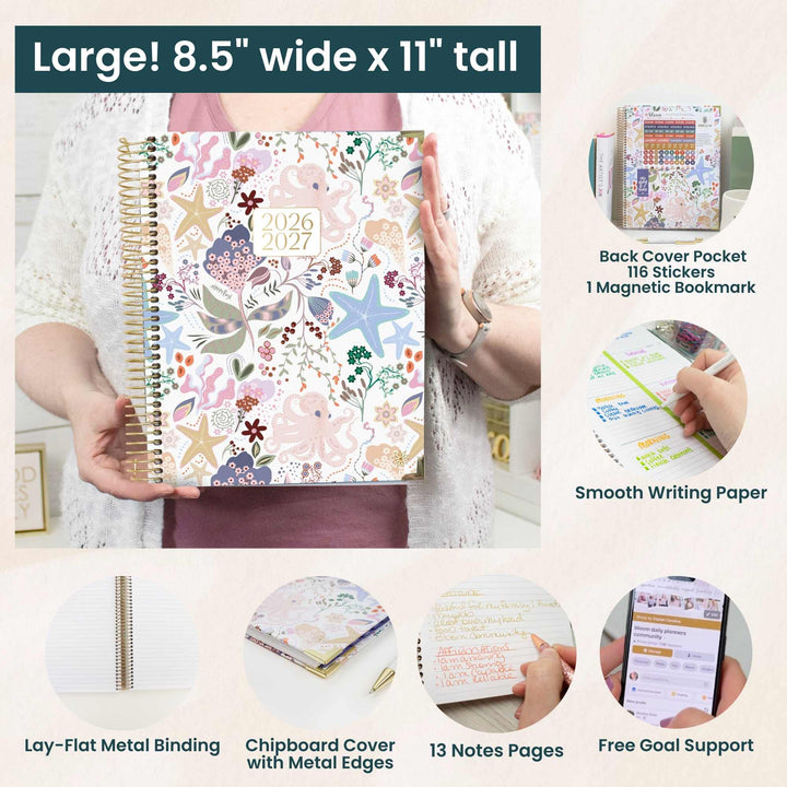 Floral planner held by a person with features listed on the right, including back cover pocket, stickers, and smooth writing paper.