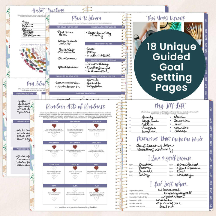 Open planner showing guided goal setting pages with text and checkboxes.