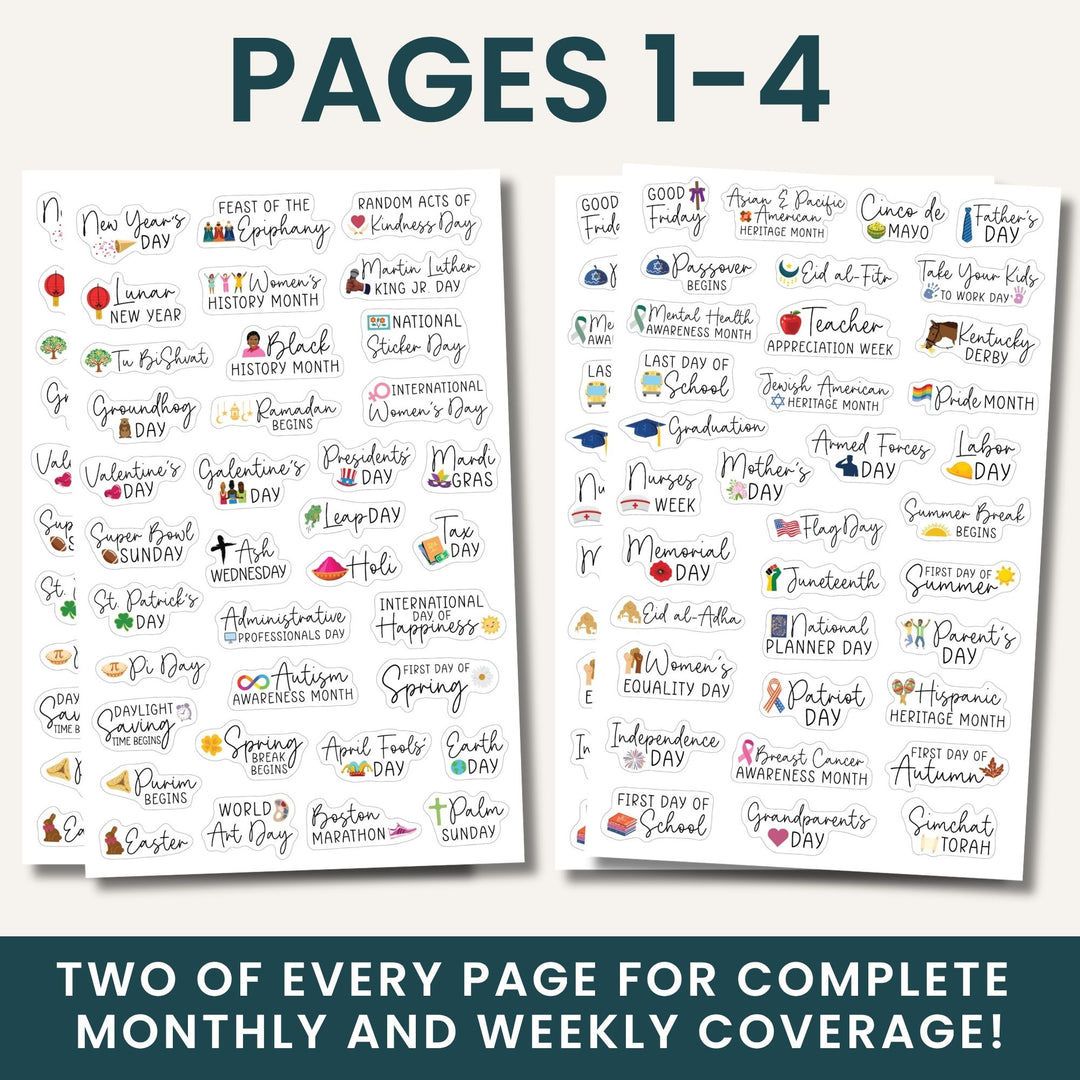 Celebration sticker sheets for monthly and weekly planning, Pages 1–4, two sheets shown.
