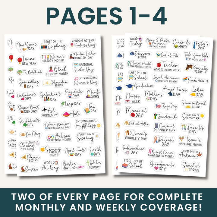 Celebration sticker sheets for monthly and weekly planning, Pages 1–4, two sheets shown.