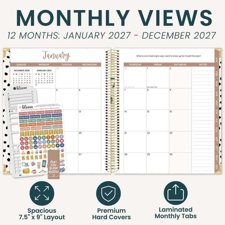 An open spiral-bound monthly planner shown on a light beige background with marketing text and feature icons. The planner pages display a January calendar layout, lined monthly notes, and decorative header bands.