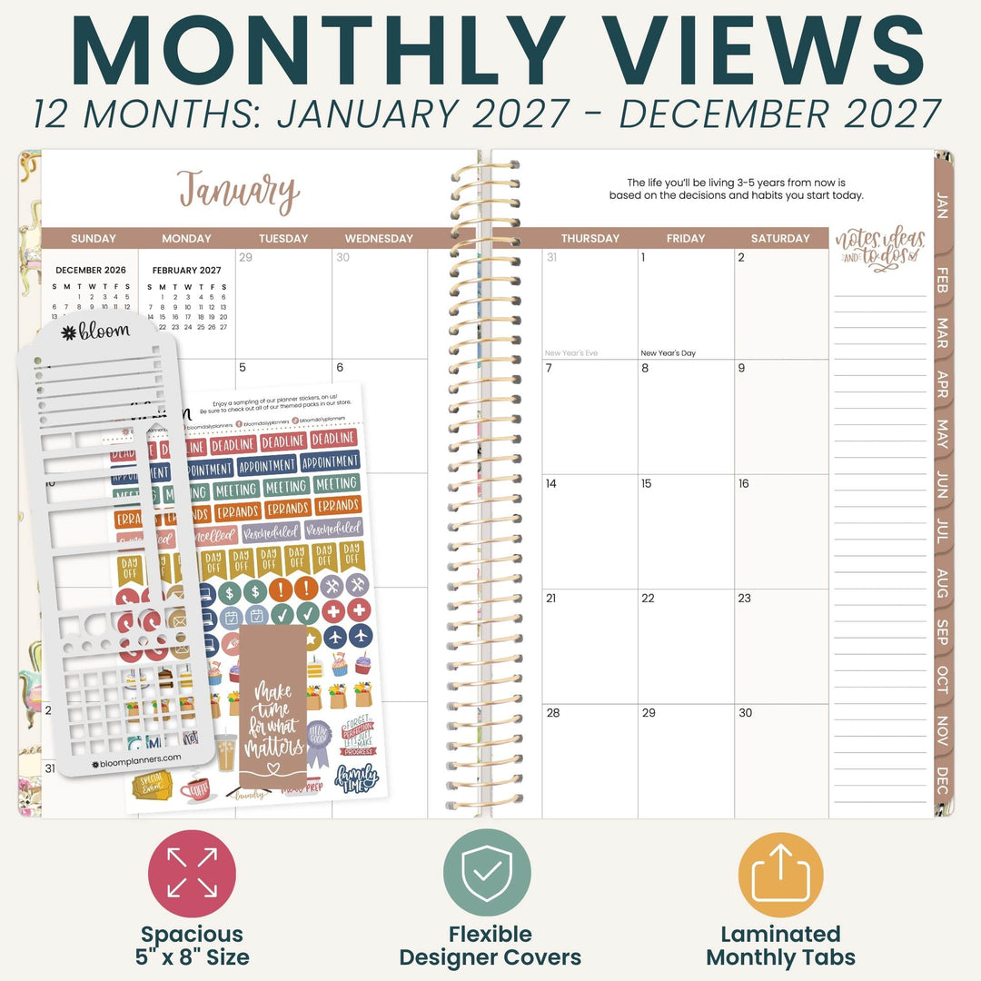 A planner mockup showing a January monthly view page from a 12-month planner, with spiral binding, lined writing area, sticker sheets, and feature callouts for spacious 5 x 8 size, flexible designer covers, and laminated monthly tabs.