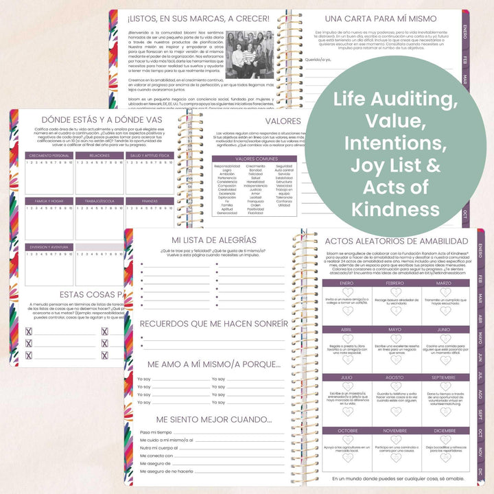 Life auditing and personal growth planner with various sections on a light pink background.