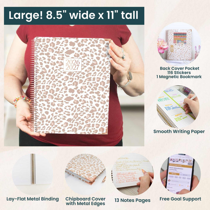 Person holding a leopard print planner with features listed on a beige background