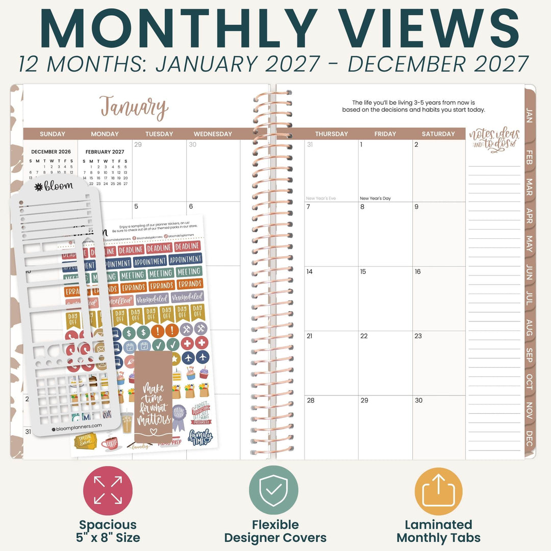 A monthly planner spread titled 'MONTHLY VIEWS 12 MONTHS: JANUARY 2027 - DECEMBER 2027' showing a January calendar page, sticker sheet, and lined monthly view sections. Text at the bottom highlights spacious 5 x 8 size, flexible designer covers, and laminated monthly tabs.