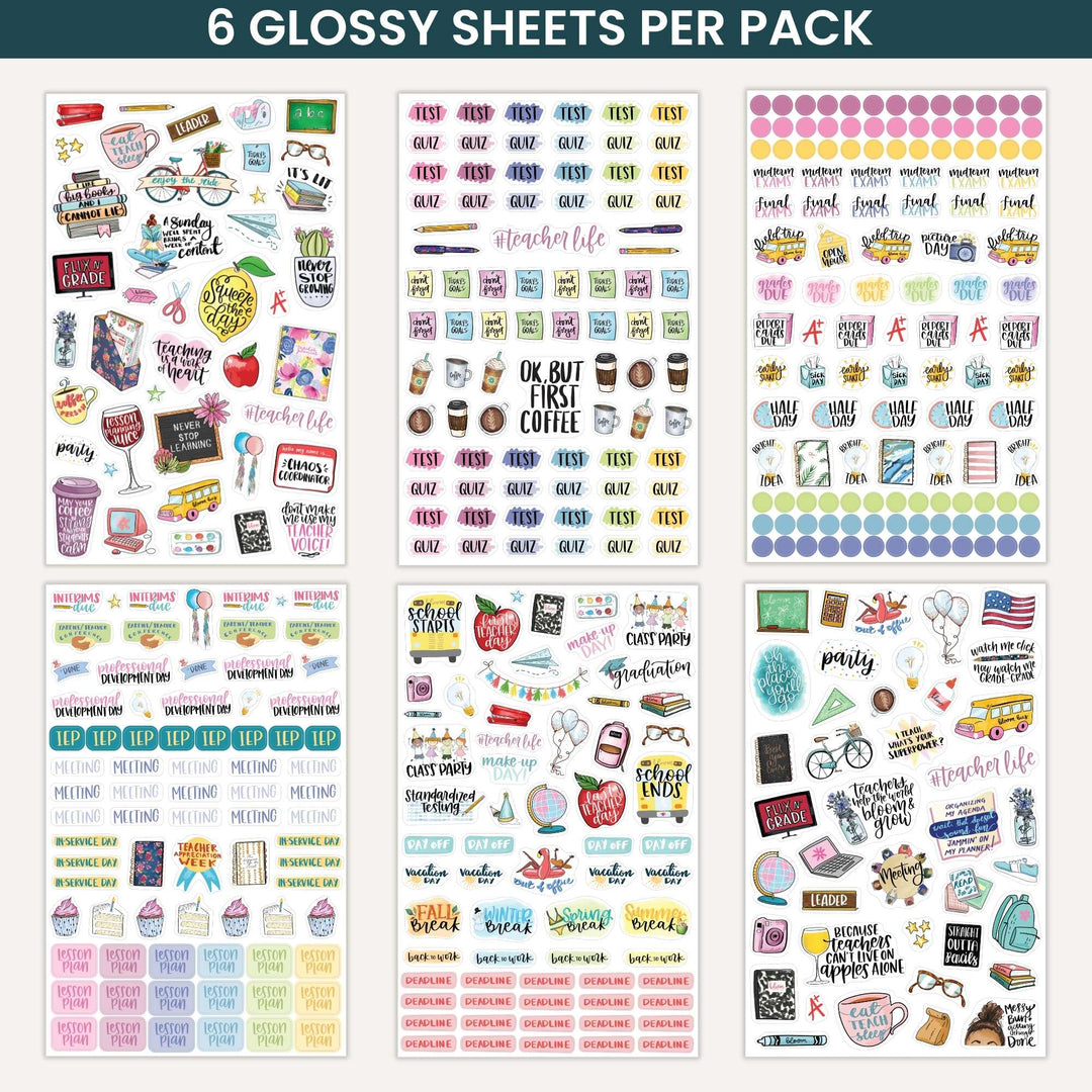 Collection of colorful planner stickers with various designs on a white background.