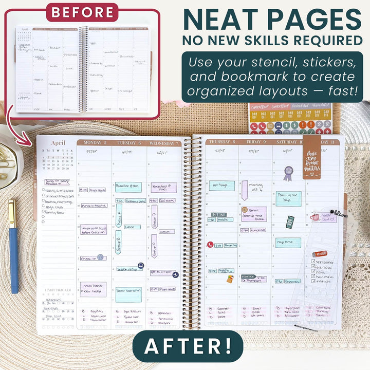 A promotional layout showing planner pages with before-and-after comparison text. The main visual is an open spiral-bound planner with decorated weekly and monthly layouts, plus smaller inset views of a stencil and sticker sheet.