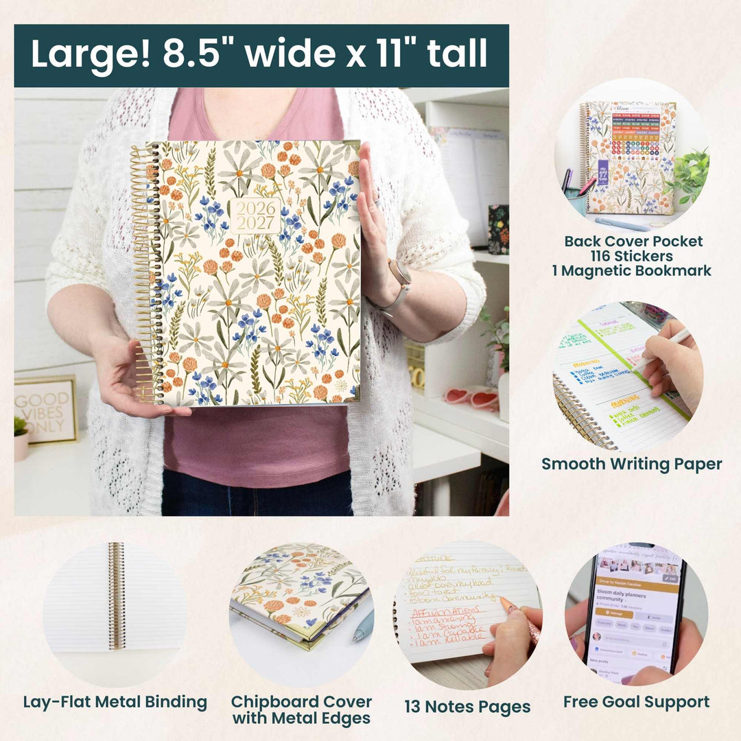 Product advertisement for a large notebook with floral design, showing features like back cover pocket, stickers, and writing paper.