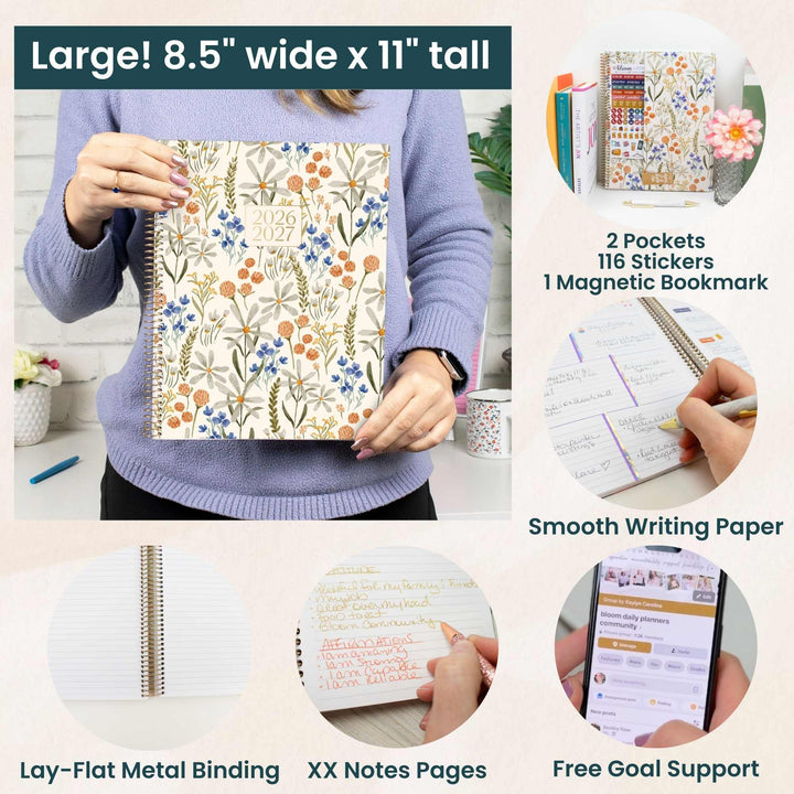 Product advertisement for a notebook with features listed, including size, pockets, stickers, and writing paper.