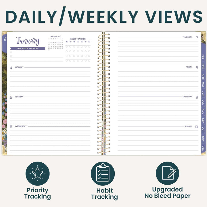 An open spiral-bound planner shown from above on a light beige background, with the heading 'DAILY/WEEKLY VIEWS' at the top and three feature icons below: Priority Tracking, Habit Tracking, and Upgraded No Bleed Paper. The planner pages display a January calendar view with daily slots and decorative dark teal text and accents.