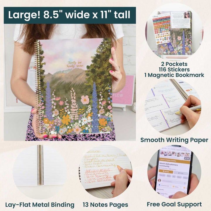 Product advertisement for a notebook with features listed, including size, design, and additional items.