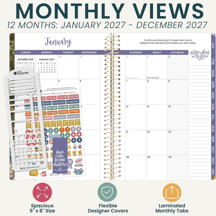 A planner product mockup showing a 12-month spiral-bound monthly view pad with decorative planner stickers and feature callouts. The top text reads 'MONTHLY VIEWS 12 MONTHS: JANUARY 2027 - DECEMBER 2027.