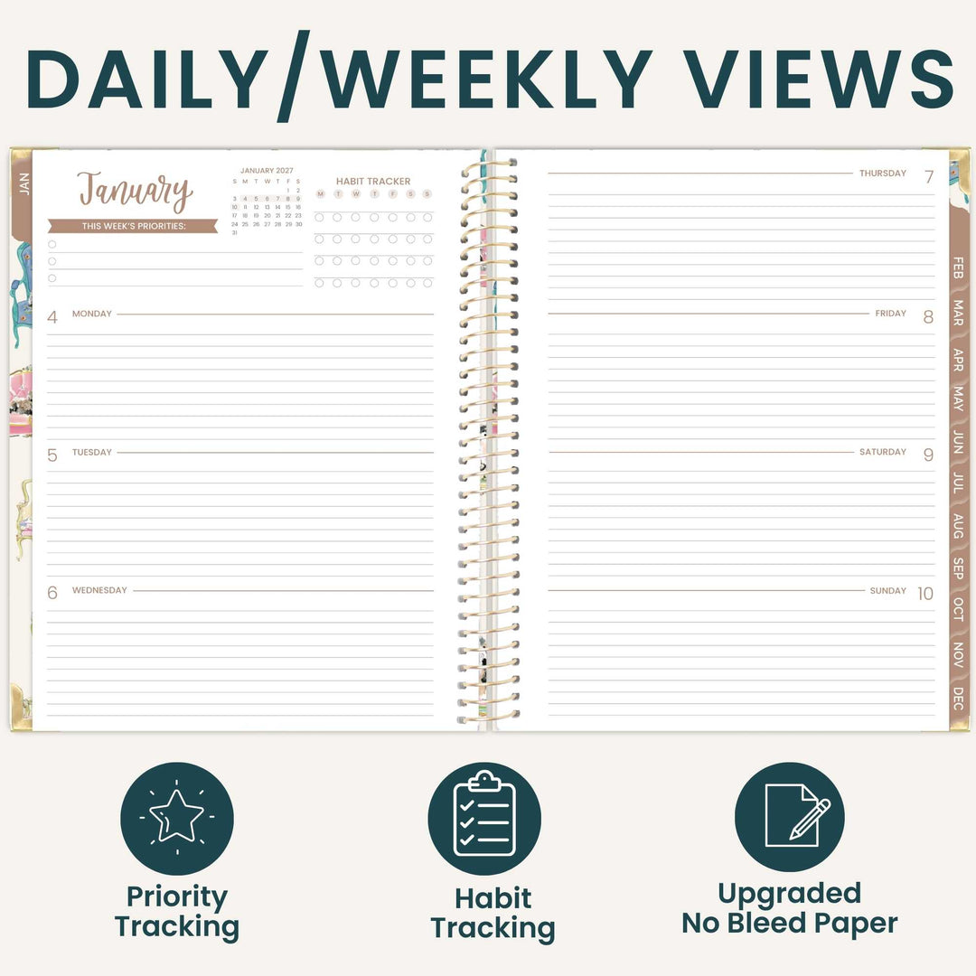 An open spiral-bound planner shown on a light beige background with the heading 'DAILY/WEEKLY VIEWS' at the top and three feature icons below: Priority Tracking, Habit Tracking, and Upgraded No Bleed Paper.