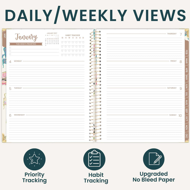 An open spiral-bound planner shown on a light beige background with the heading 'DAILY/WEEKLY VIEWS' at the top and three feature icons below: Priority Tracking, Habit Tracking, and Upgraded No Bleed Paper.