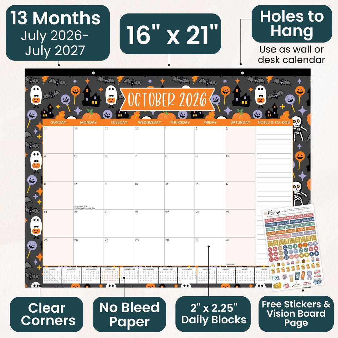 Halloween-themed calendar with stickers and clear corners, 16" x 21" size.