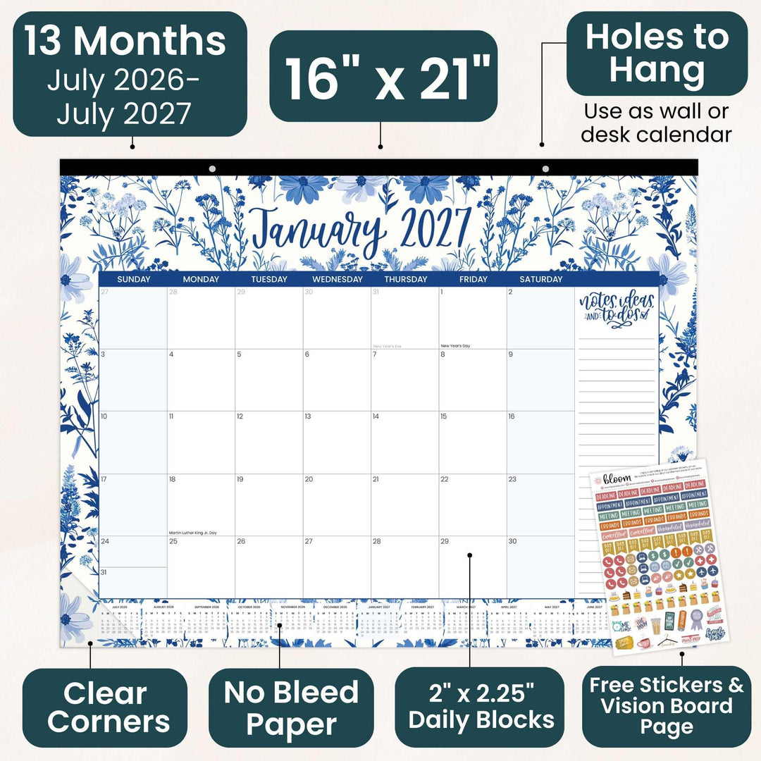 Wall calendar with floral design, January 2027 layout, and additional features highlighted.