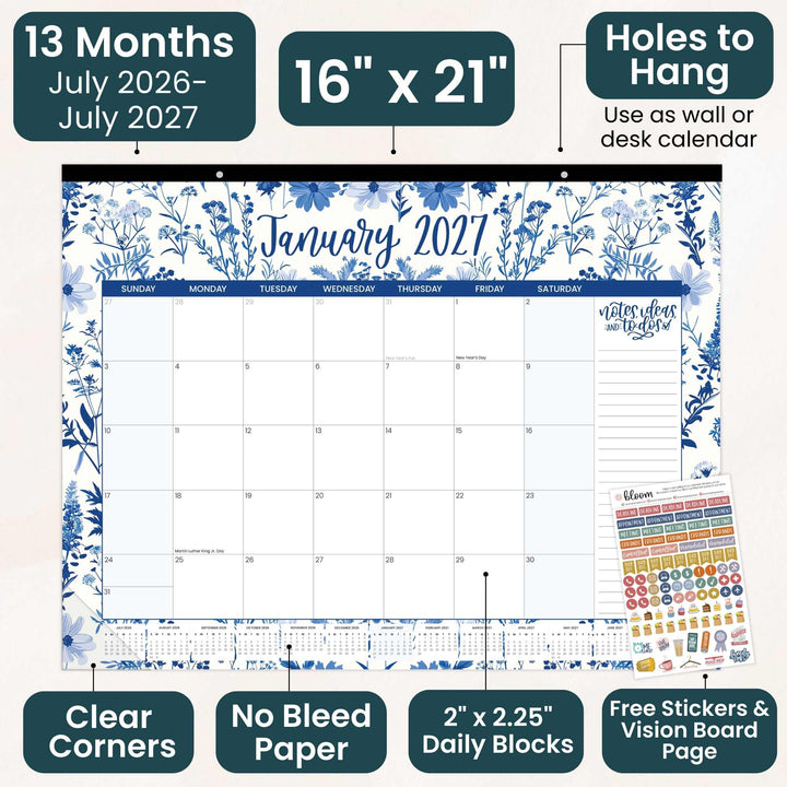 Wall calendar with floral design, January 2027 layout, and additional features highlighted.