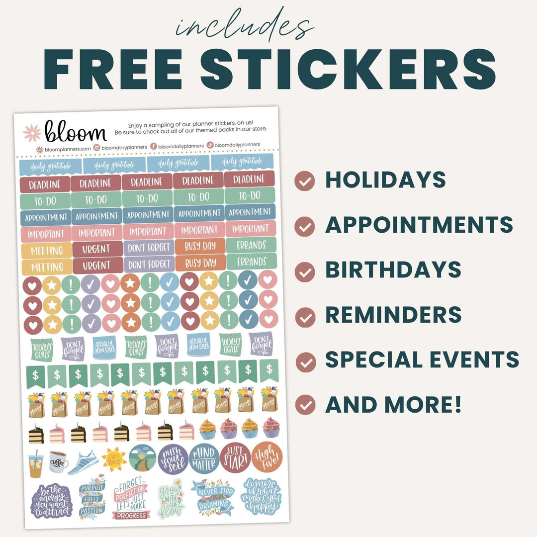 Sheet of planner stickers with various designs and text indicating included features.