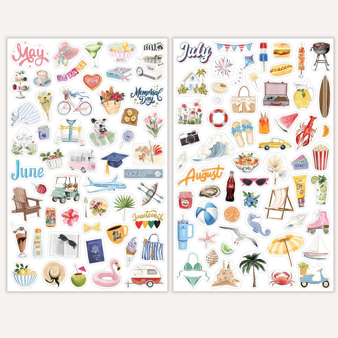 May/June and July/August sticker sheets with seasonal themes