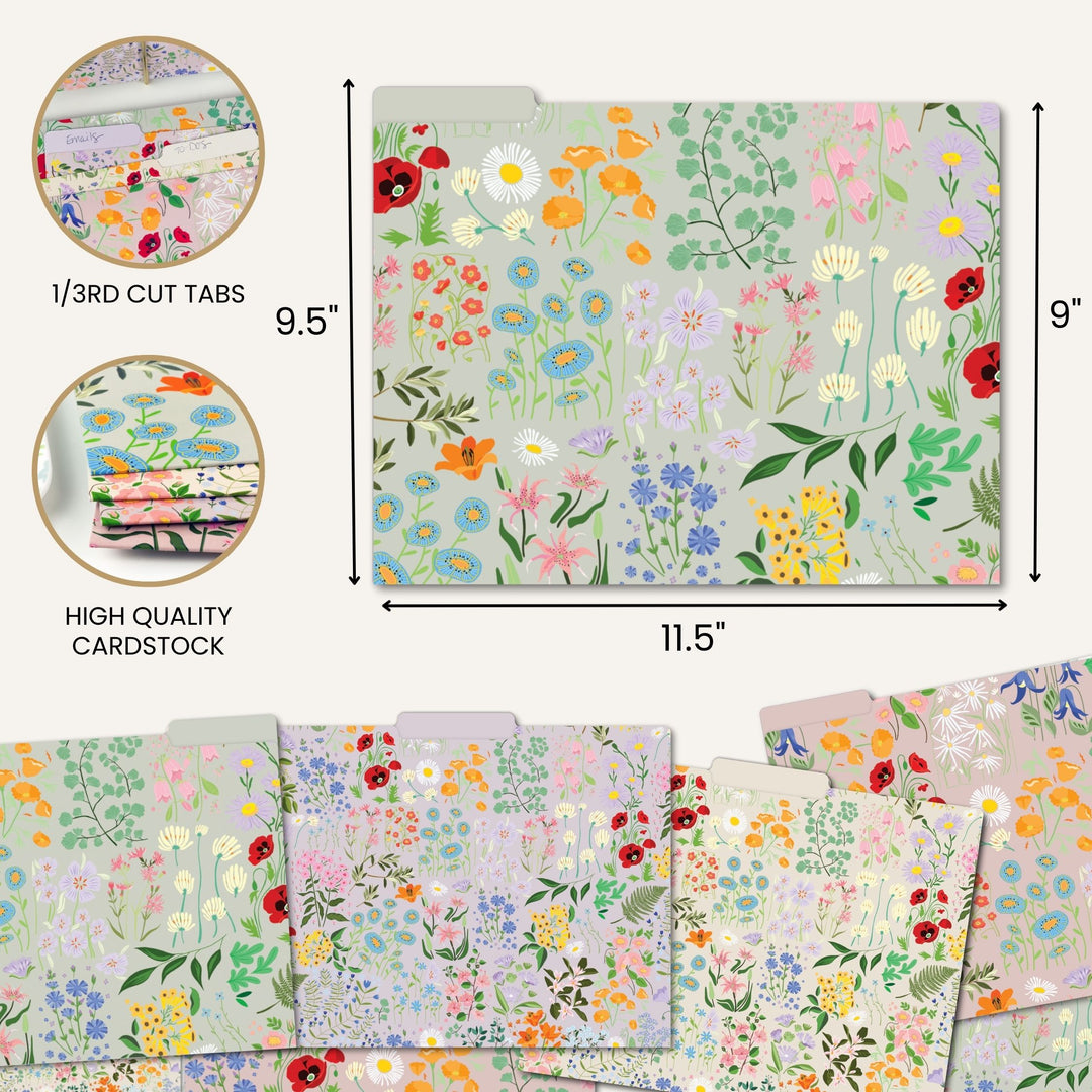 Floral patterned file folders with cut tabs and dimensions displayed.