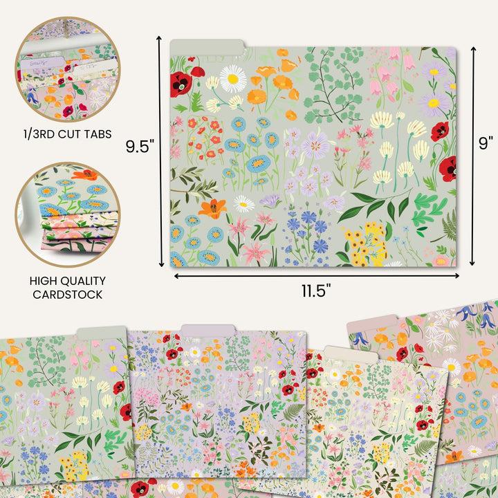 Floral patterned file folders with cut tabs and dimensions displayed.