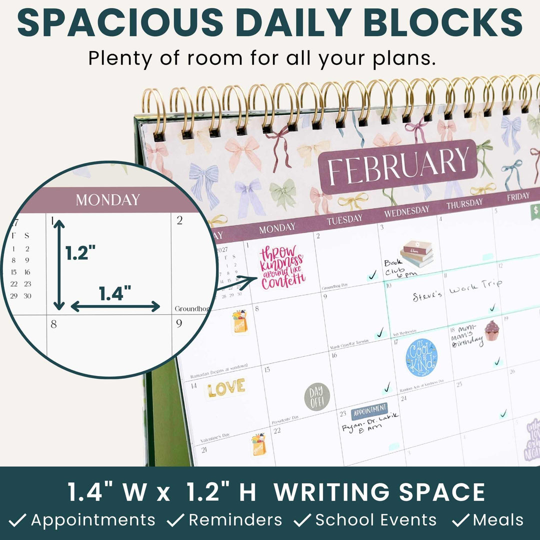 Close-up of February calendar page showing 1.4" x 1.2" daily writing blocks with stickers and notes.