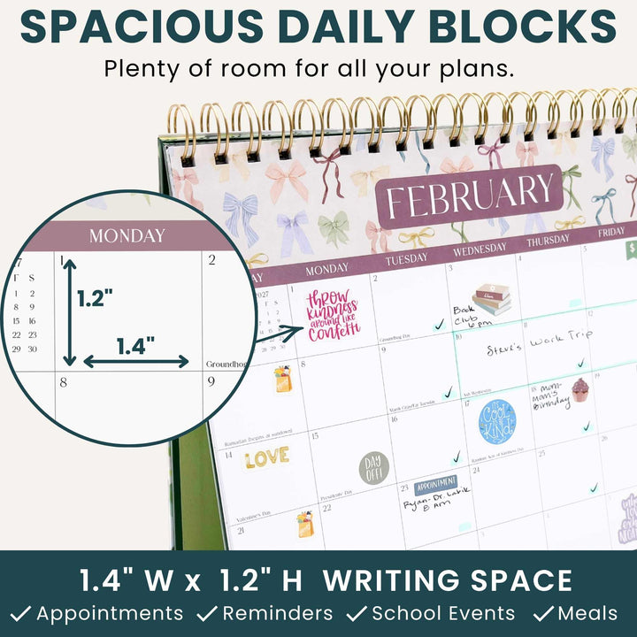 Close-up of February calendar page showing 1.4" x 1.2" daily writing blocks with stickers and notes.