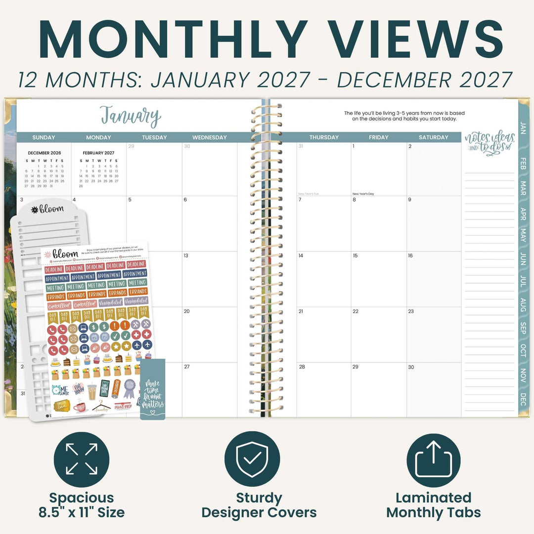 A promotional graphic for a laminated monthly planner showing an open January view with a spiral-bound layout, sticker sheets, and marketing text. The planner cover reads 'Witty Day with the Planner.