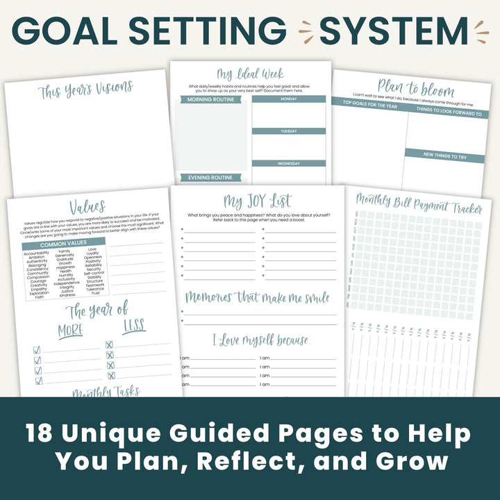 A set of printable goal-setting planner pages arranged on a dark teal background with the headline 'GOAL SETTING SYSTEM' at the top and the text '18 Unique Guided Pages to Help You Plan, Reflect, and Grow' at the bottom.