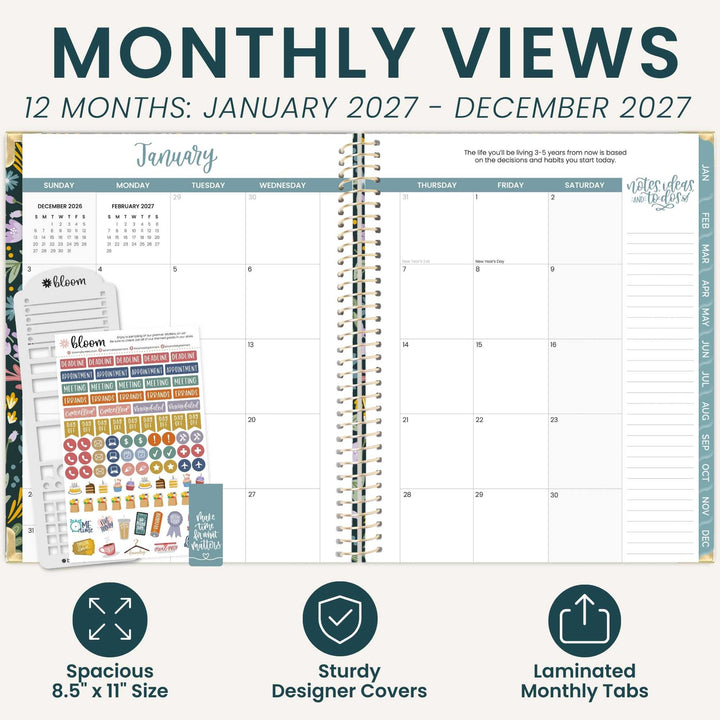 A promotional graphic for a monthly planner showing an open spiral-bound January 2027 calendar spread, a stack of sticker sheets, and marketing text reading 'MONTHLY VIEWS' and feature callouts for spacious 8.5 x 11" size, sturdy designer covers, and laminated monthly tabs.