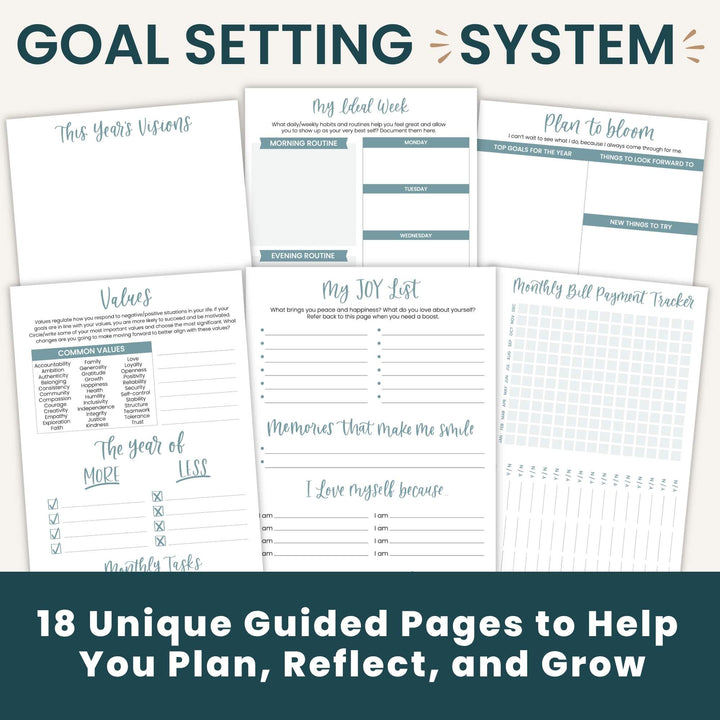 A set of printable goal-setting planner pages arranged on a dark teal background with the headline 'GOAL SETTING SYSTEM' at the top and the text '18 Unique Guided Pages to Help You Plan, Reflect, and Grow' at the bottom.