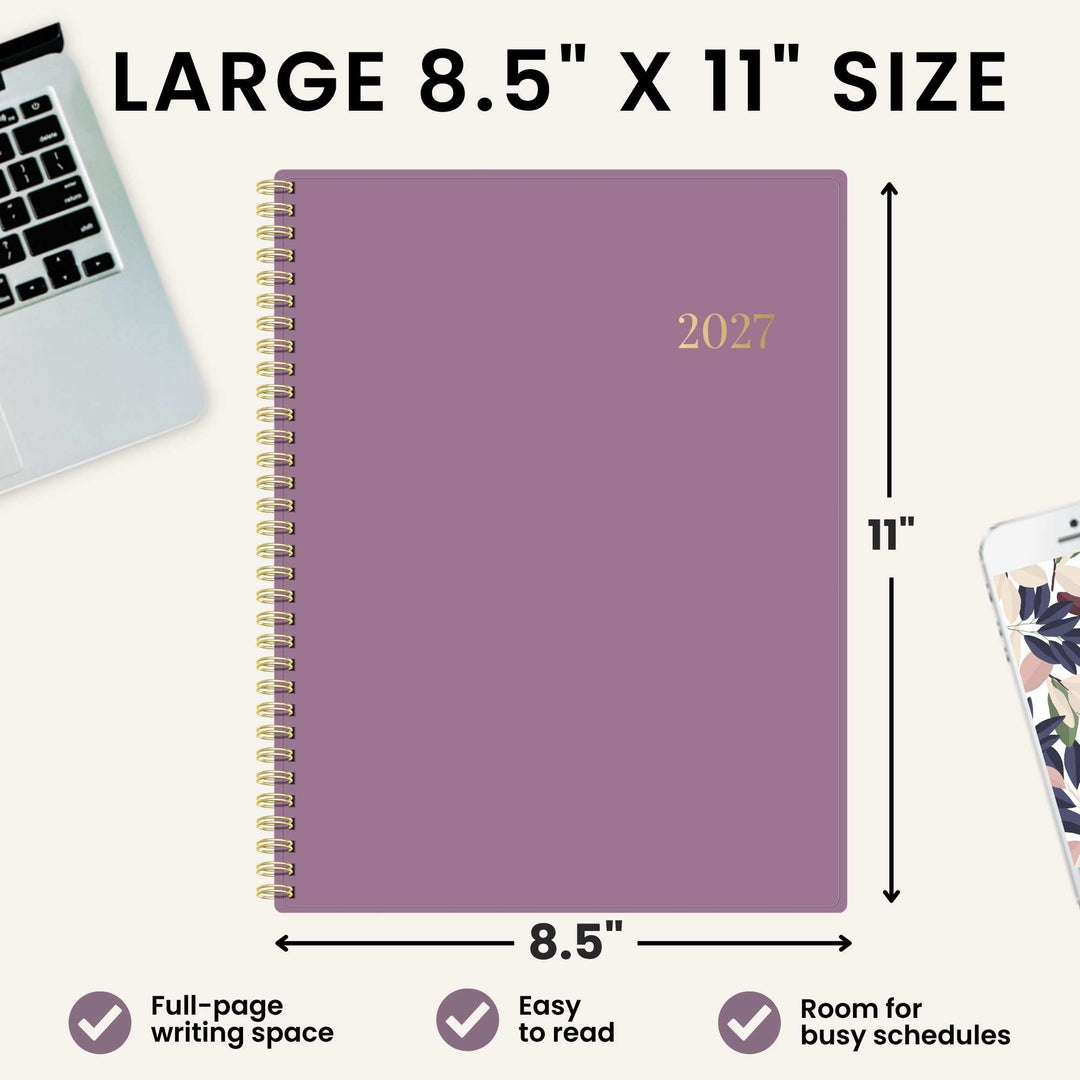 A large spiral-bound planner shown on a light beige background with overlaid dimension arrows and text reading 8.5" x 11".