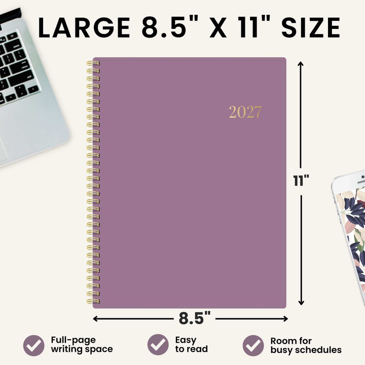 A large spiral-bound planner shown on a light beige background with overlaid dimension arrows and text reading 8.5" x 11".