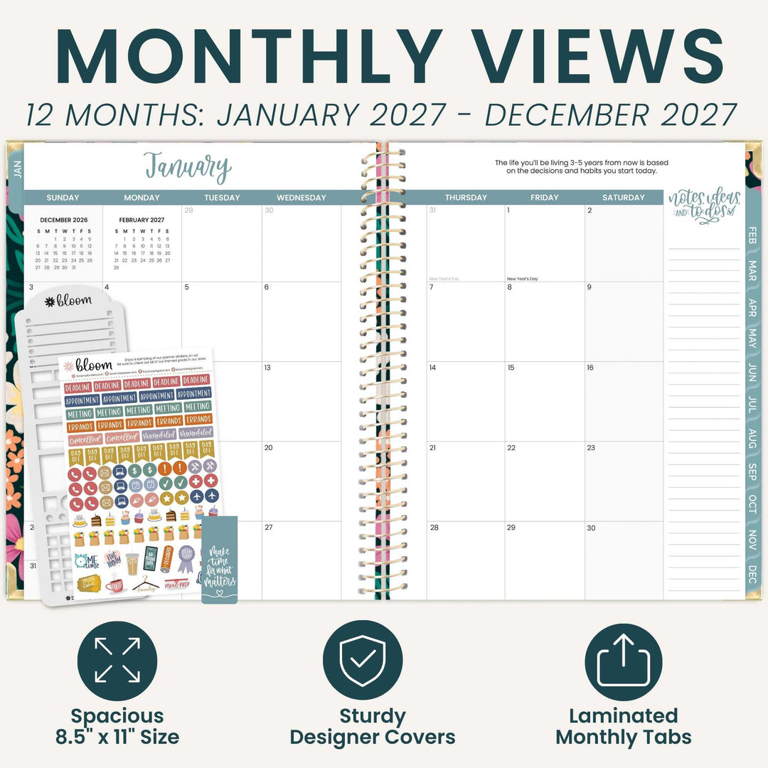 A promotional graphic for a monthly planner showing an open 12-month calendar spread with colorful spiral tabs, planner stickers, and marketing text reading 'MONTHLY VIEWS' and feature callouts for spacious size, sturdy designer covers, and laminated monthly tabs.