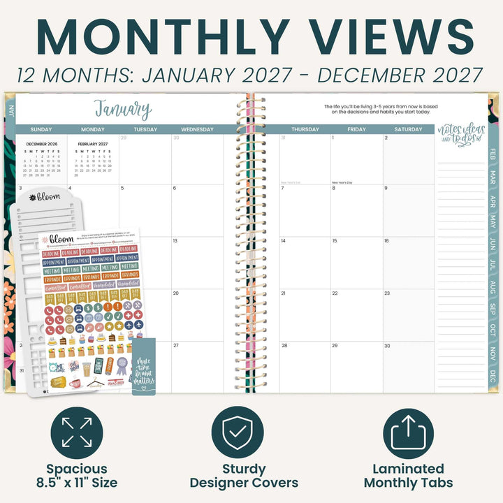 A promotional graphic for a monthly planner showing an open 12-month calendar spread with colorful spiral tabs, planner stickers, and marketing text reading 'MONTHLY VIEWS' and feature callouts for spacious size, sturdy designer covers, and laminated monthly tabs.