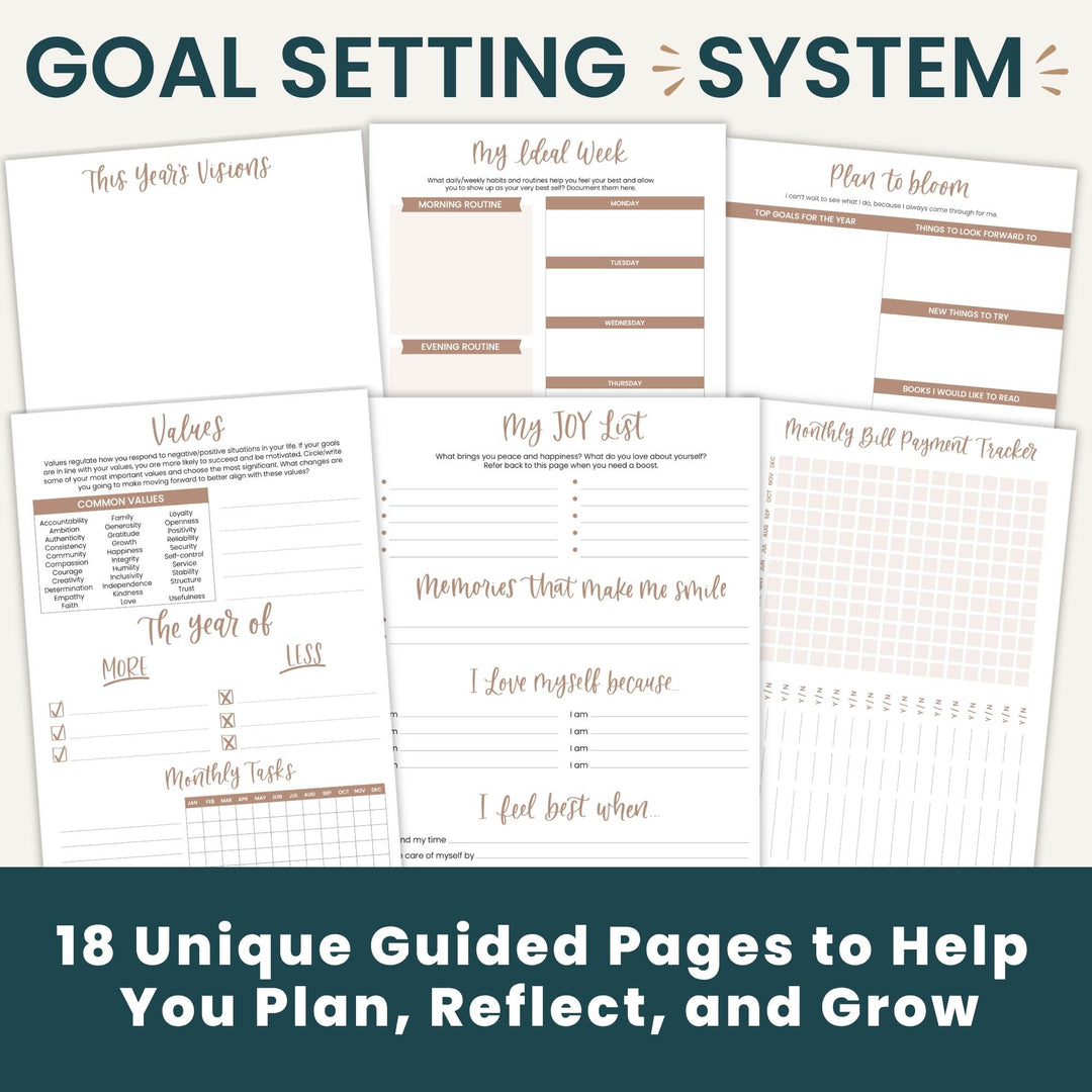 Goal setting system printable planner pages shown in a collage with the headline 'GOAL SETTING SYSTEM' at the top and '18 Unique Guided Pages to Help You Plan, Reflect, and Grow' at the bottom. The pages feature neutral white backgrounds with dark teal and warm taupe/brown text and line accents.