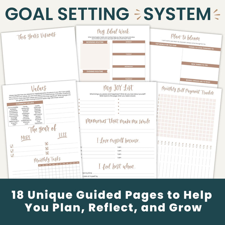 Goal setting system printable planner pages shown in a collage with the headline 'GOAL SETTING SYSTEM' at the top and '18 Unique Guided Pages to Help You Plan, Reflect, and Grow' at the bottom. The pages feature neutral white backgrounds with dark teal and warm taupe/brown text and line accents.