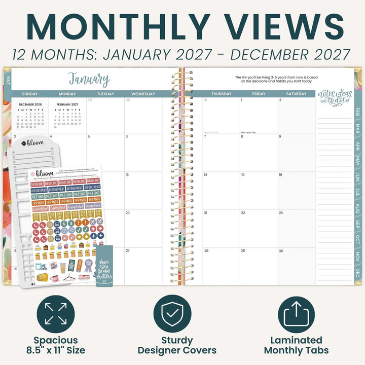 A promotional graphic for a laminated monthly planner view insert, showing an open planner spread with a January calendar page, decorative spiral tabs, and several sticker sheets. Large text at the top reads 'MONTHLY VIEWS' with '12 MONTHS: JANUARY 2027 - DECEMBER 2027,' and feature callouts at the bottom mention spacious 8.