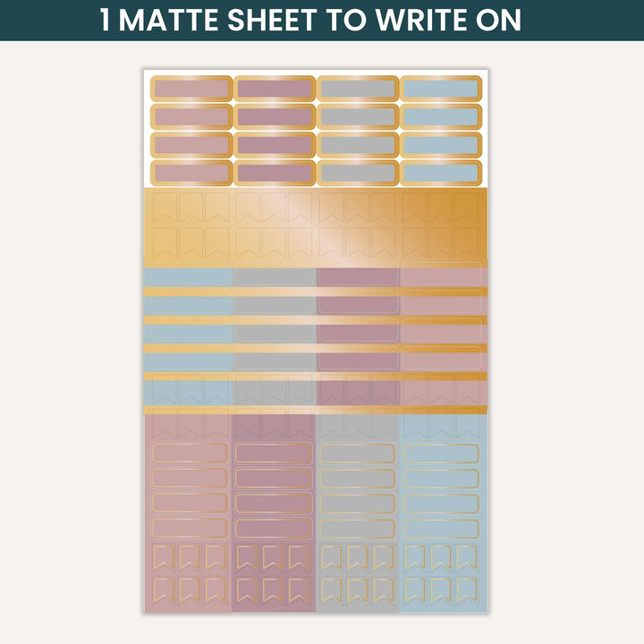Colorful rectangular stickers arranged in a pattern on a white background.
