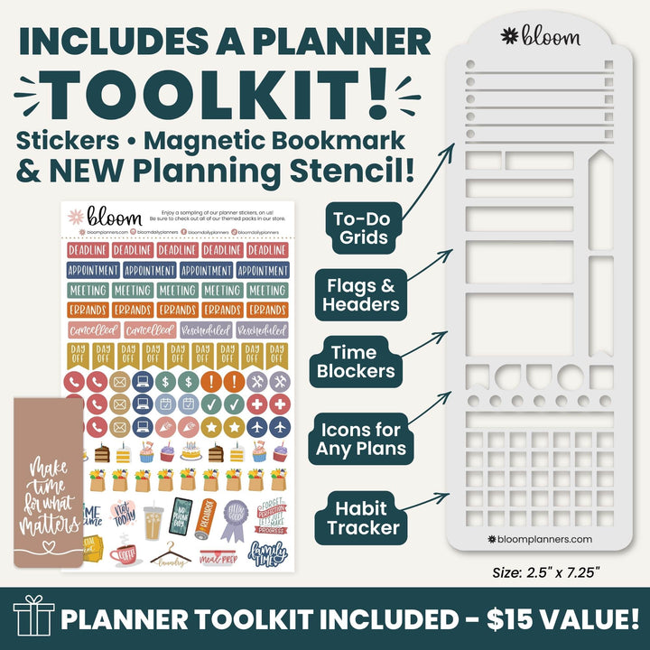 Promotional graphic for a Bloom planner toolkit, showing a large white planner stencil on the right, a sheet of colorful stickers on the left, and callout labels pointing to included features: to-do grids, flags and headers, time blockers, icons for any plans, and habit tracker. Text at the top says the kit includes a planner toolkit, stickers, magnetic bookmark, and new planning stencil.