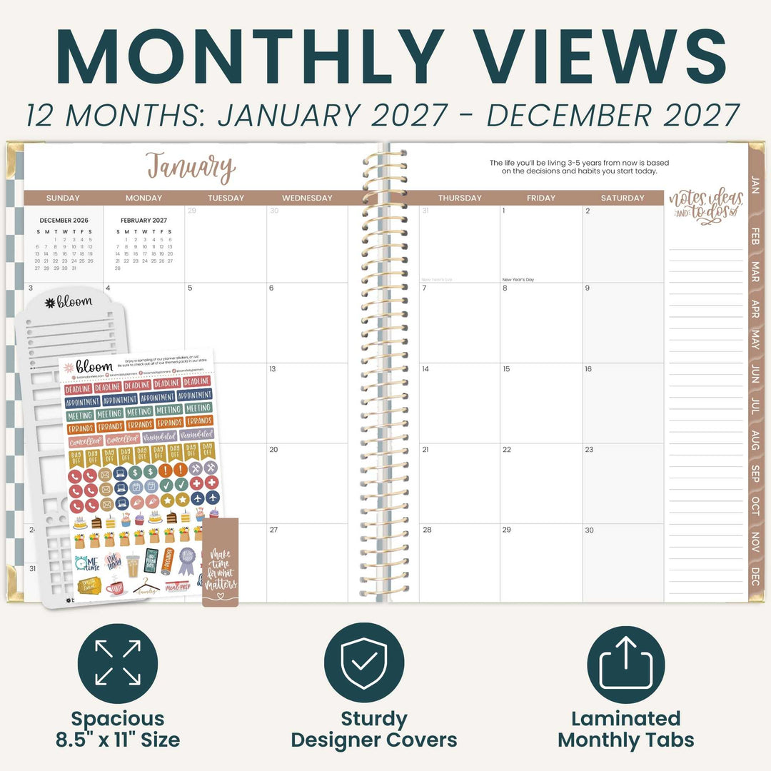 A planner-style monthly view cover and laminated monthly tabs shown on a light beige background with marketing text. The main product appears to be a planner insert or monthly view planner page set, with a spiral binder visible and sample sticker sheets included.
