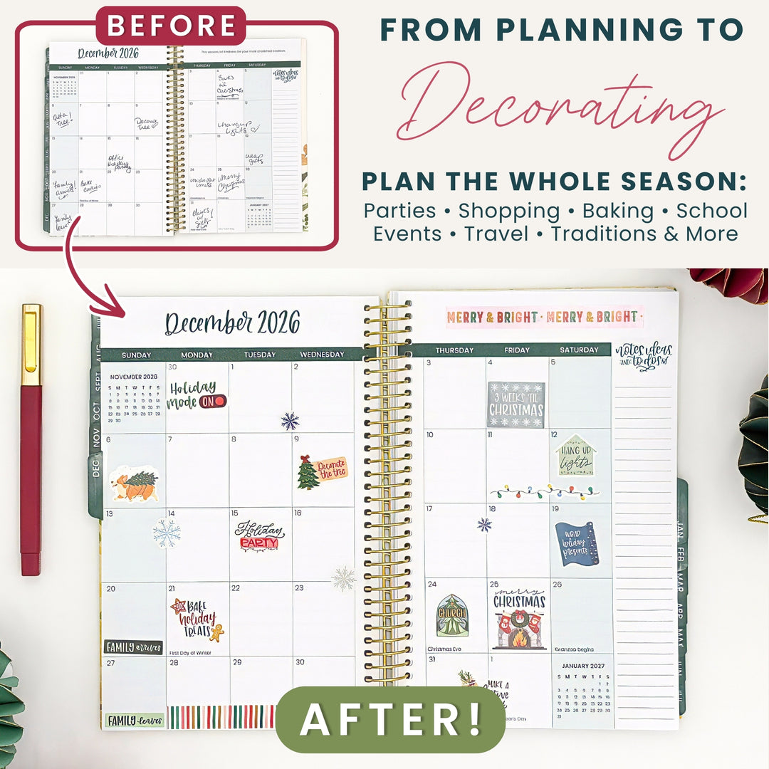 Planner with Christmas stickers added after decorating; before and after views