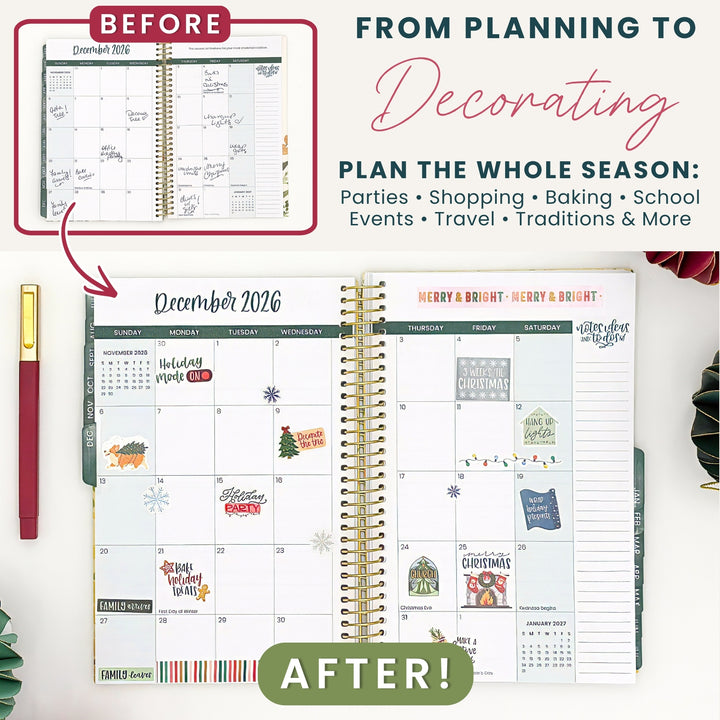 Planner with Christmas stickers added after decorating; before and after views