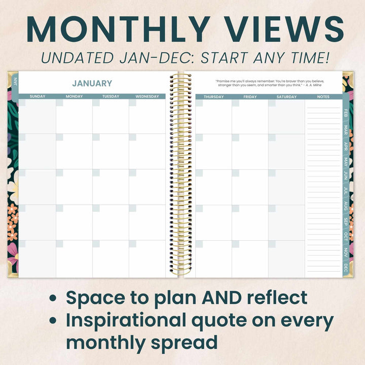 Monthly planner with floral design on a beige background